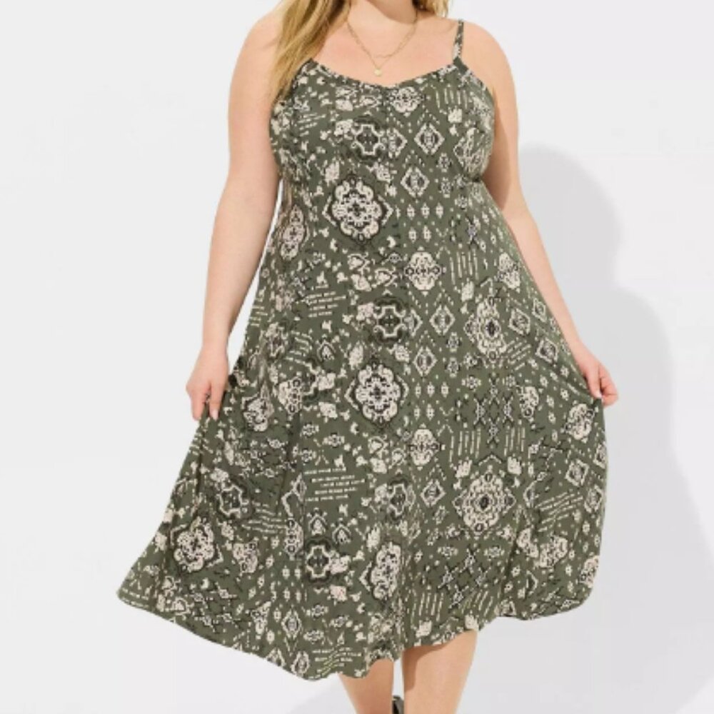 NWT Torrid Dress Womens 3X Green Floral Midi Challis Sleeveless‎ Trapeze Pockets